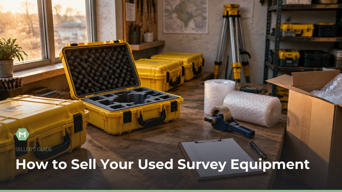 Survey equipment hard cases being packed for shipment on a workshop bench