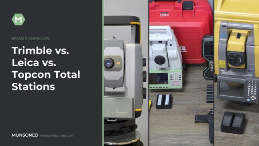 Trimble, Leica, and Topcon robotic total stations side by side