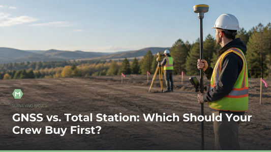 GNSS vs. total station: surveyor with a GNSS rover pole in the foreground and a robotic total station on a tripod near the tree line